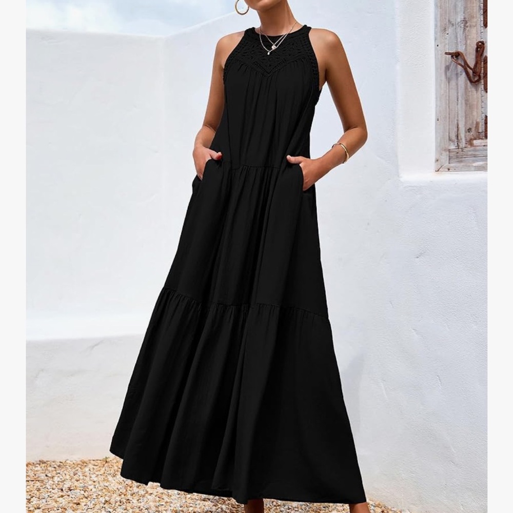 Black Maxi  crochet style top Dress with pockets